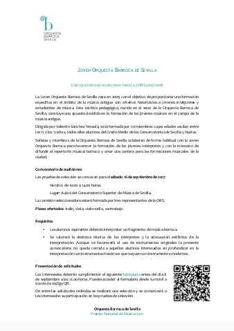 La Joven Orquesta Barroca de Sevilla convoca audiciones