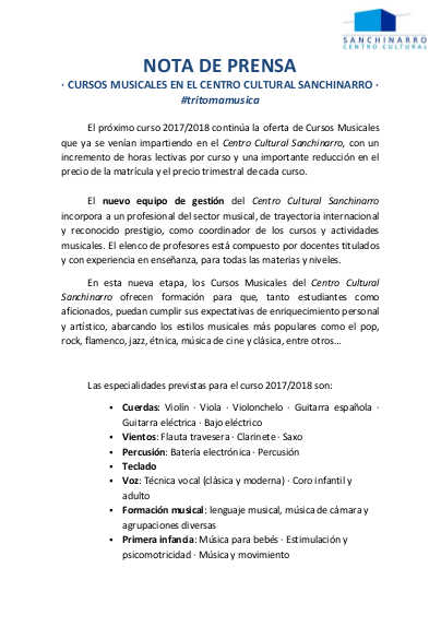 Cursos musicales en el Centro Cultural Sanchinarro 2017 / 2018