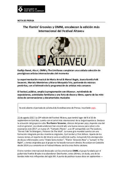 The Flamin’ Groovies y OMNI, encabezan la edición más internacional del Festival Altaveu The Flamin’ Groovies y OMNI, encabezan la edición más internacional del Festival Altaveu