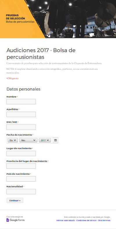 Convocatoria de bolsa de trabajo para percusionistas de la Orquesta de Extremadura