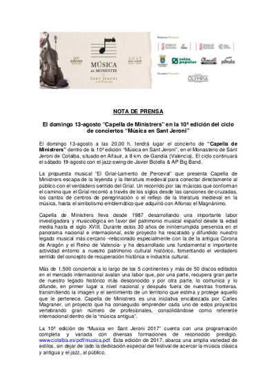 “Capella de Ministrers con el Grial – Lamento de Perceval, en la 10º edición del ciclo de conciertos “Música en Sant Jeroni”