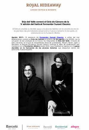 Dúo del Valle cerrará el Ciclo de Cámara de la V edición del festival Formentor Sunset Classics