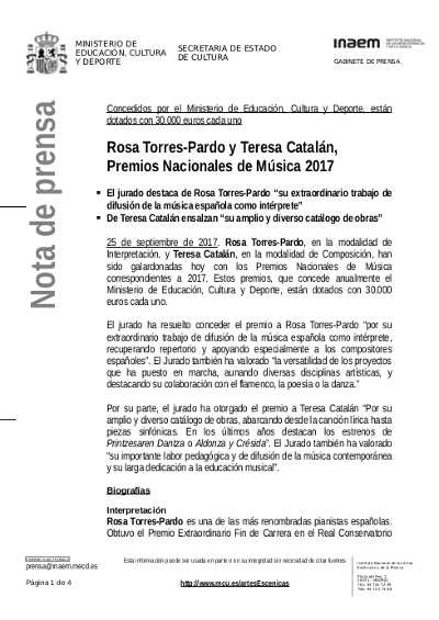 Rosa Torres-Pardo y Teresa Catalán, Premios Nacionales de Música 2017
