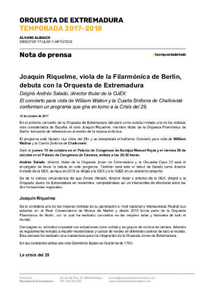 Joaquín Riquelme, viola de la Filarmónica de Berlín, debuta con la Orquesta de Extremadura