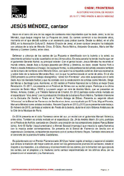 El Trío Arbós junto al cantaor Jesús Méndez abren el ciclo FRONTERAS del CNDM