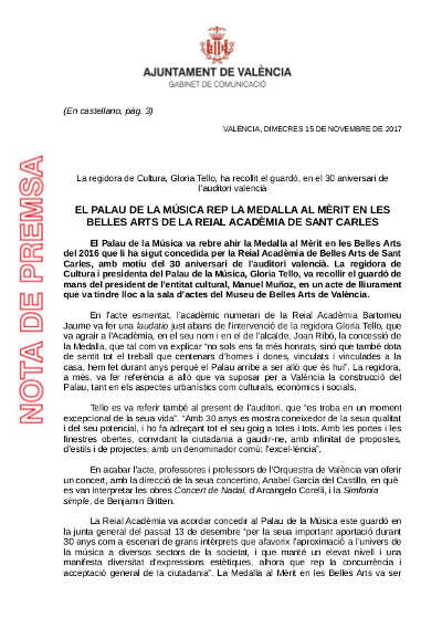 El Palau de la Música recibe la Medalla al Mérito en las Bellas Artes de la Real Academia de San Carlos