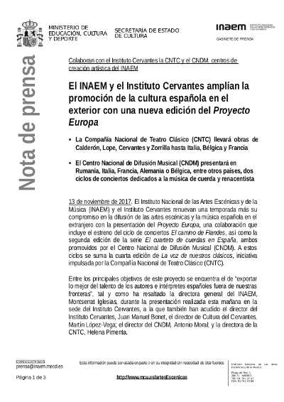 INAEM e Instituto Cervantes amplían promoción de cultura española en el exterior con Proyecto Europa