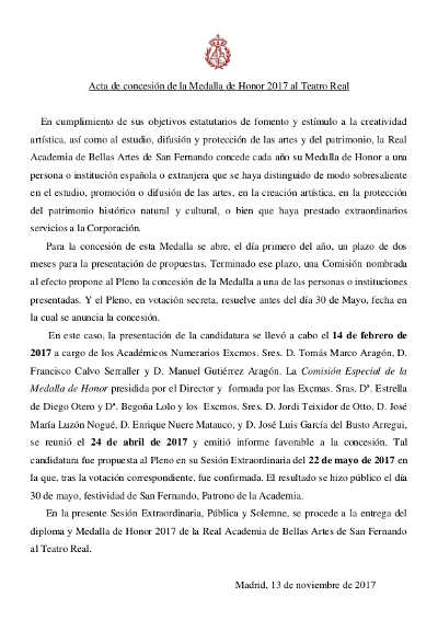 El Rey Don Juan Carlos entrega al Teatro Real la Medalla de Honor 2017 de la RABASF El Rey Don Juan Carlos entrega al Teatro Real la Medalla de Honor 2017 de la RABASF