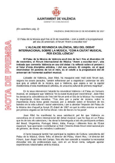 València, sede del debate internacional sobre la música, “Como ciudad musical por excelencia”