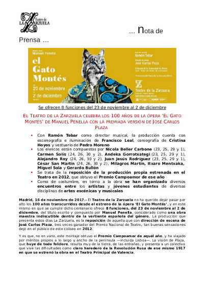 Teatro de la Zarzuela celebra 100 años de la ópera ‘El Gato Montés’ de Manuel Penella