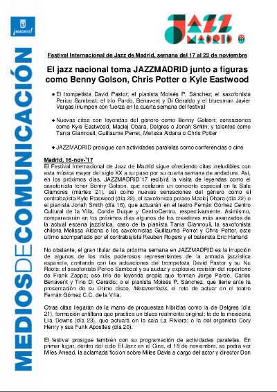 El jazz nacional toma JAZZMADRID junto a figuras como Benny Golson, Chris Potter o Kyle Eastwood