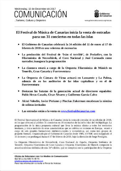 El 34 Festival de Música de Canarias pone a la venta las entradas para sus 31 conciertos en todas las islas