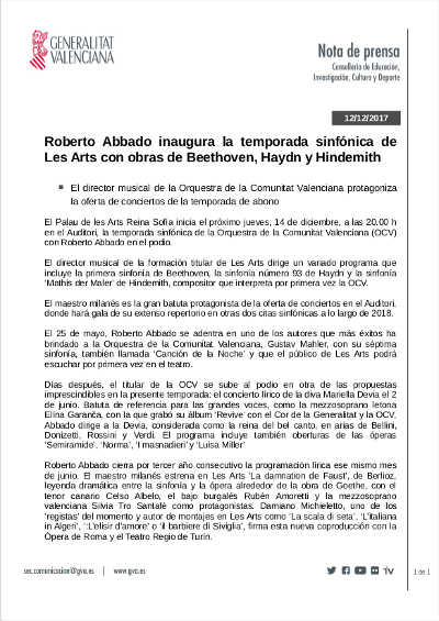 Roberto Abbado inaugura la temporada sinfónica de Les Arts con Beethoven, Haydn y Hindemith