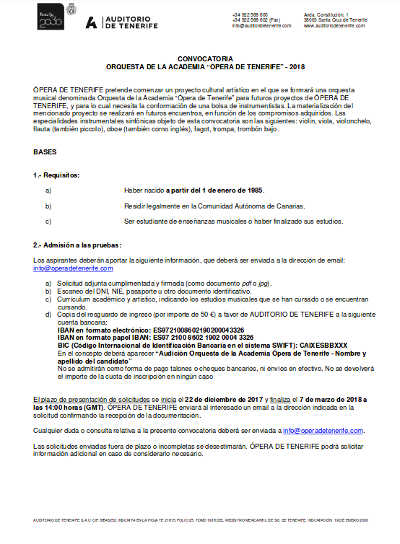 Convocatoria de la Orquesta de la Academia “ÓPERA DE TENERIFE” – 2018