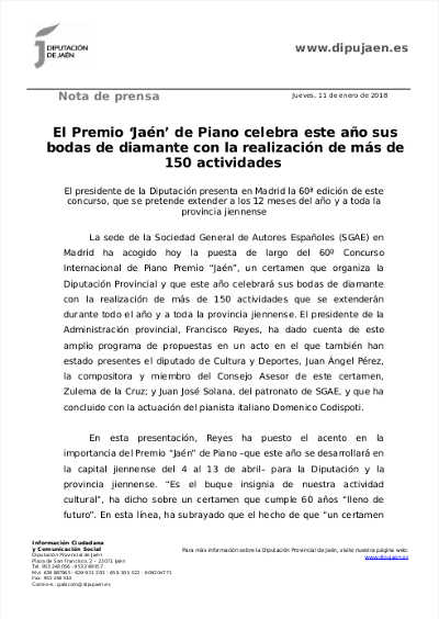El Premio ‘Jaén’ de Piano celebra este año sus bodas de diamante con la realización de más de 150 actividades