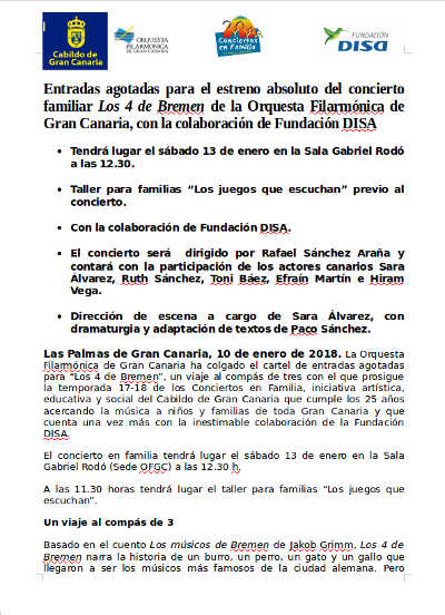 Entradas agotadas para el concierto Los 4 de Bremen de la Orquesta Filarmónica de Gran Canaria