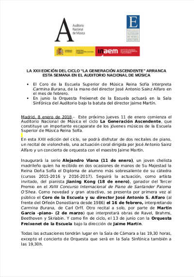 La XXII edición del Ciclo “La Generación Ascendente” inicia en el Auditorio Nacional de Música