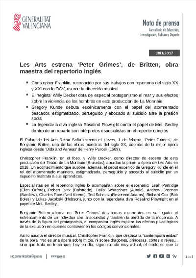 Les Arts estrena ‘Peter Grimes’, de Britten, obra maestra del repertorio inglés