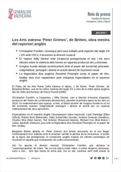 Les Arts estrena ‘Peter Grimes’, de Britten, obra maestra del repertorio inglés