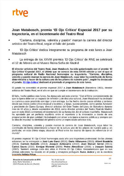 Joan Matabosch, premio ‘El Ojo Crítico’ 2017 por su trayectoria en el Bicentenario del Real