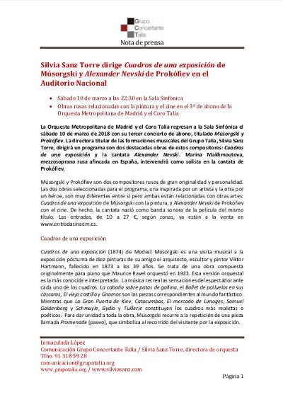 Silvia Sanz Torre dirige Cuadros de una exposición de Músorgski y Alexander Nevski de Prokófiev