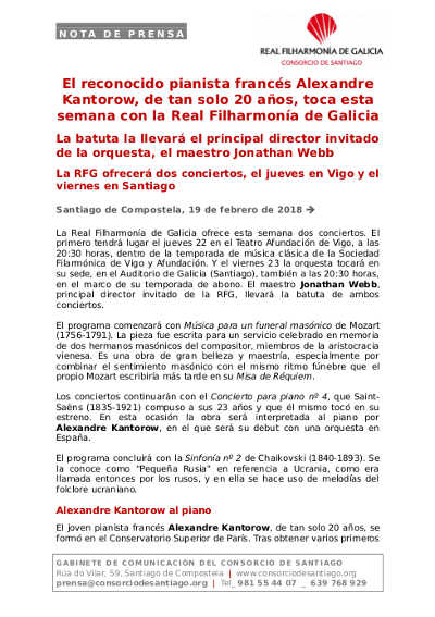 El pianista francés Alexandre Kantorow, de solo 20 años, toca con la Real Filharmonía de Galicia