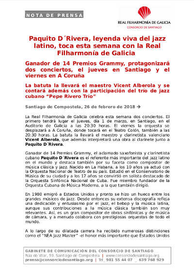 Paquito D´Rivera, leyenda viva del jazz latino, toca esta semana con la Real Filharmonía de Galicia