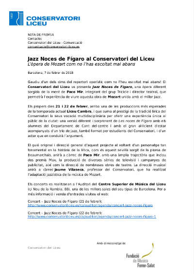 Jazz Bodas de Fígaro en el Conservatorio del Liceo. Mozart como no lo has escuchado nunca antes