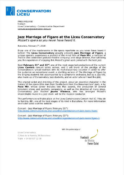 Jazz Bodas de Fígaro en el Conservatorio del Liceo. Mozart como no lo has escuchado nunca antes