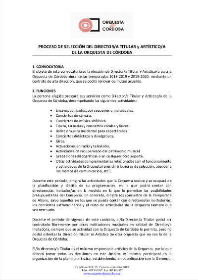 Proceso de selección del director/a titular y artístico/a de la Orquesta de Córdoba Proceso de selección del director/a titular y artístico/a de la Orquesta de Córdoba