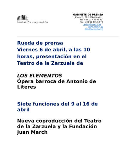 Los Elementos. Ópera barroca de Antonio de Literes se presenta en el Teatro de la Zarzuela
