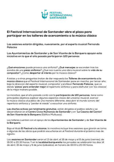 El Festival Internacional de Santander abre el plazo para participar en sus talleres