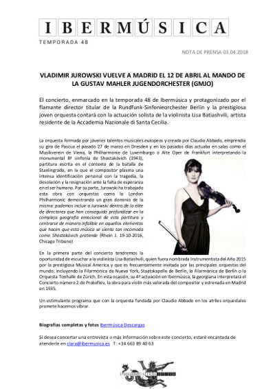Vladimir Jorowski vuelve a Madrid al mando de La Gustav Mahler Jugendorchester | GMJO Vladimir Jorowski vuelve a Madrid al mando de La Gustav Mahler Jugendorchester | GMJO