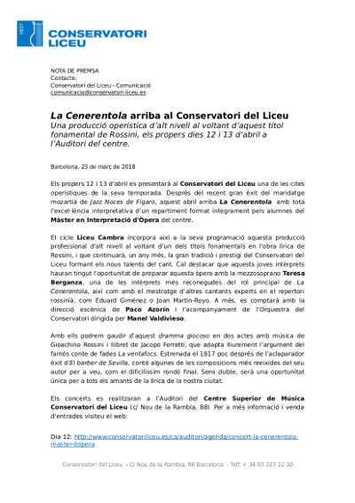 La Cenerentola llega al Conservatorio del Liceo, título fundamental de Rossini