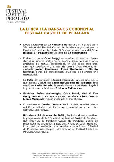 Presentación de la 32º edición del Festival Castell de Peralada de 2018