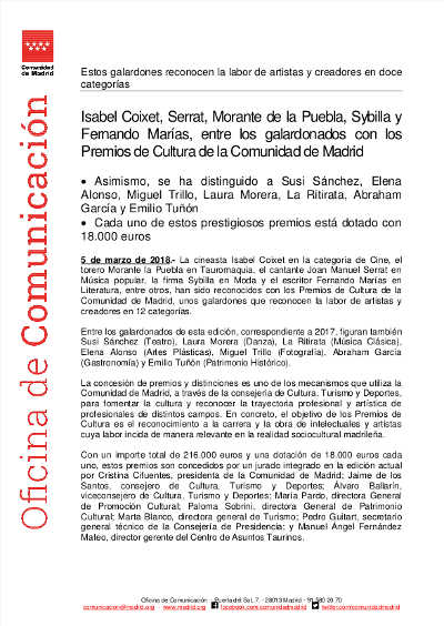 La Ritirata y Joan Manuel Serrat entre los galardonados con Premios de Cultura de la Comunidad de Madrid