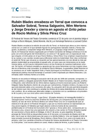 Presentado el Festival de Verano del Teatro Cervantes Terral 2018