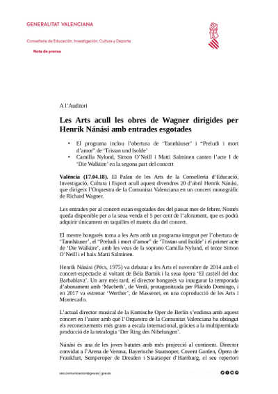 Les Arts acoge las obras de Wagner dirigidas por Henrik Nánási con entradas agotadas