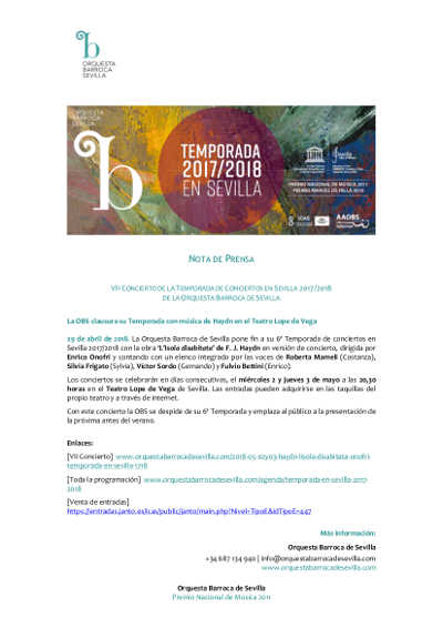 La Orquesta Barroca de Sevilla presenta «L’Isola Disabitata», un ópera con música de Haydn