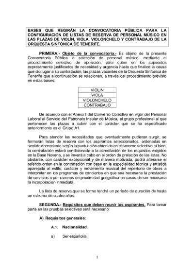 Convocatoria pública personal músico sección cuerdas de Orquesta Sinfónica de Tenerife