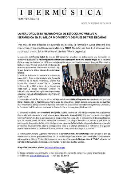 La Real Orquesta Filarmónica de Estocolmo vuelve a Ibermúsica luego de 30 años La Real Orquesta Filarmónica de Estocolmo vuelve a Ibermúsica luego de 30 años