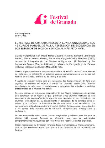 El Festival de Granada presenta con la Universidad, 49 Cursos Manuel de Falla