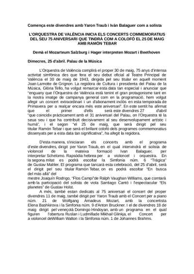 La Orquesta de València inicia los conciertos conmemorativos de su 75 Aniversario