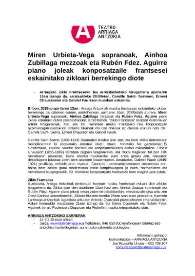 Soprano Miren Urbieta-Vega, Mezzo Ainhoa Zubillaga y pianista Rubén Aguirre retoman ciclo francés