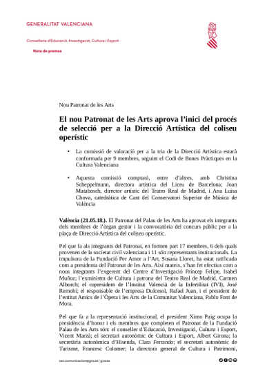 El nuevo Patronato de Les Arts aprueba el inicio del proceso de selección para la Dirección Artística