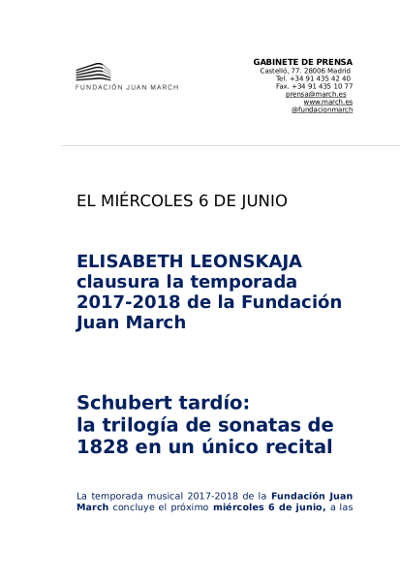 Elisabeth Leonskaja clausura la temporada 2017-2018 de la Fundación Juan March