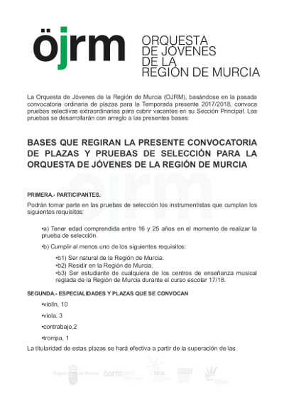 La Orquesta de Jóvenes de la Región de Murcia busca a nuevos músicos y convoca 16 plazas