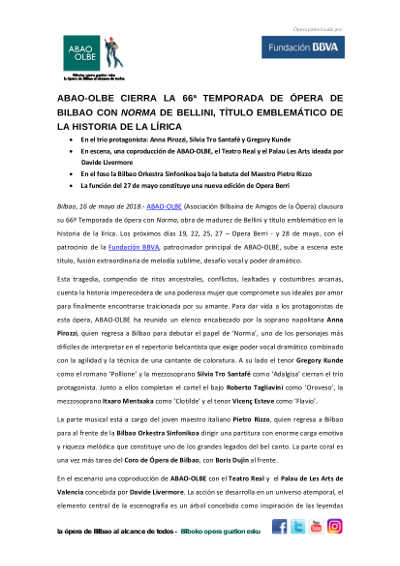 ABAO-OLBE cierra la 66ª temporada de ópera de Bilbao con Norma de Bellini ABAO-OLBE cierra la 66ª temporada de ópera de Bilbao con Norma de Bellini