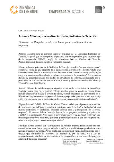El maestro Antonio Méndez será el nuevo director de la Sinfónica de Tenerife