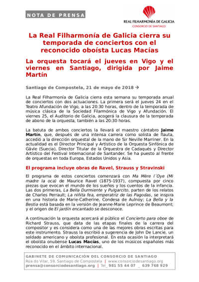 La Real Filharmonía de Galicia cierra su temporada de conciertos con el reconocido oboísta Lucas Macías